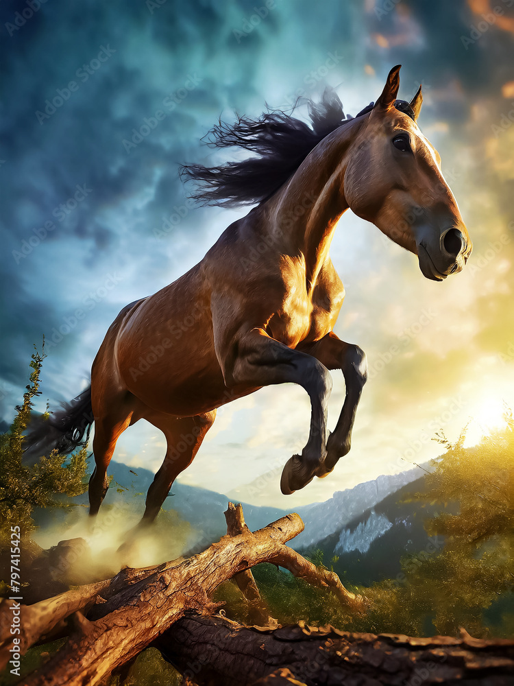 Wild horse jumps over a tree trunk at a gallop, AI generated Wild horse jumps over a tree trunk at a gallop, AI generated