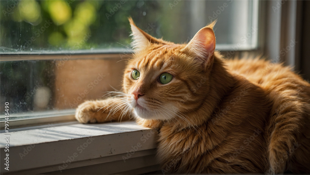 A fluffy, orange cat lounging on a windowsill. Generative Ai