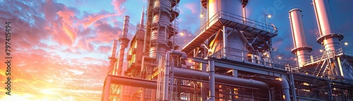 The image shows an industrial oil refinery with a beautiful sunset in the background.