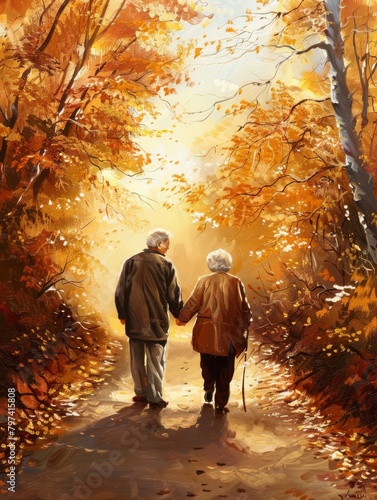 Elderly couple holding hands while walking together downcountry road.