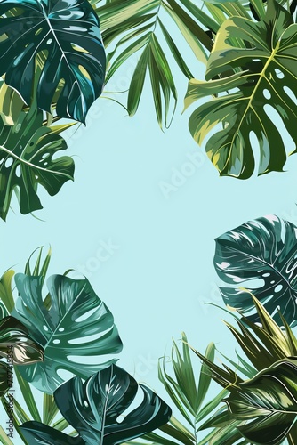 Blank invitation in the middle  plants Like Monstera and a Saxophone on the sides 