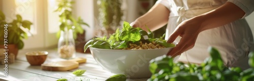 hands Serving Basil Leaves and Pine Nuts