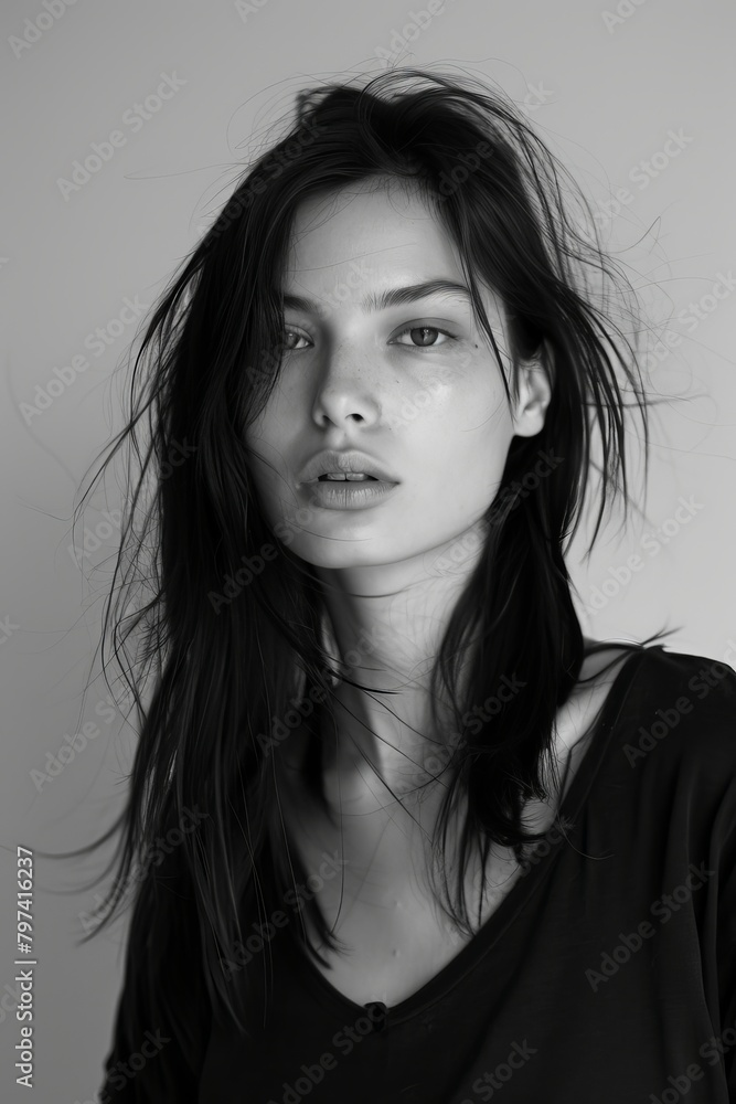 headshot of a woman with straight black hair, light brown eyes, wearing simple in a 90s fashion style, black and white photography in the style of studio lighting headshot of a woman with straight black hair, light brown eyes, wearing simple in a 90s fashion style, black and white photography in the style of studio lighting