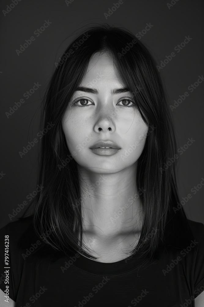 Fototapeta premium headshot of a woman with straight black hair, light brown eyes, wearing simple in a 90s fashion style, black and white photography in the style of studio lighting