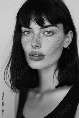 headshot of a woman with straight black hair, light brown eyes, wearing simple in a 90s fashion style, black and white photography in the style of studio lighting  © Nica