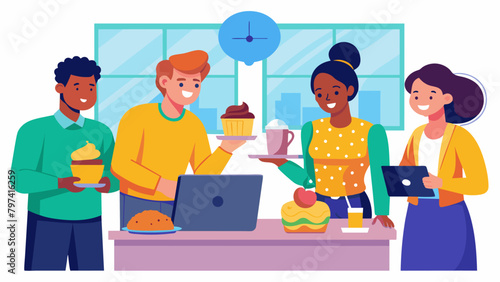 A group of coworkers planning a bake sale in their office with all proceeds going towards a fundraising campaign for building homes and