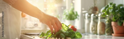 Kitchen Delight: Hands Preparing Fresh Basil and Pine Nuts 