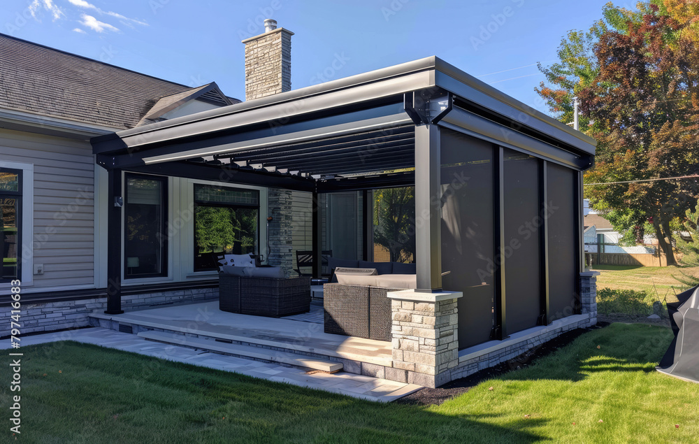 Fototapeta premium an open black and gray modern pergola with metal slats on the roof, standing in front of green grass near house walls. The background is clear blue sky without clouds