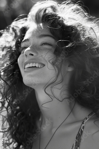 photo of a beautiful German girl, curly hair falls on her shoulders, she smiles, 