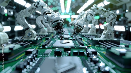 The image shows a production line of robotic arms assembling electronic components.