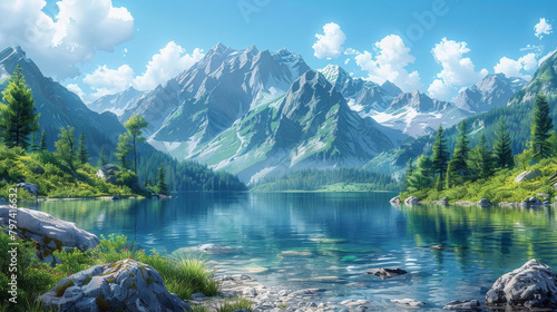Pristine Mountain Lake in Sunny Alpine Landscape