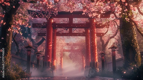 A portrayal of the Shinto Torii gate, marking the entrance to a sacred space, with cherry blossoms