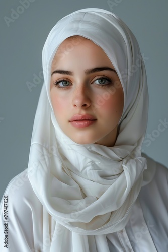 Studio portrait of young woman wearing white hijab