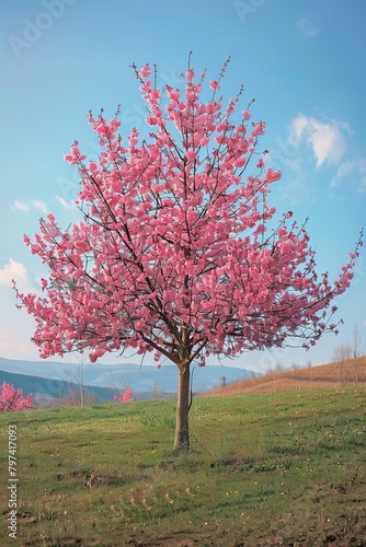 travel in nature concept with pink cherry blossom tree and clear sky in springtime season 
