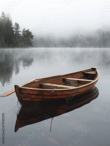 Peaceful Lake Serenity: Tranquil Reflection of an Old Wooden Rowboat onCalm Water Surface photo