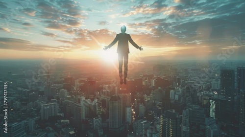 Businessman in suit flying in sky on city