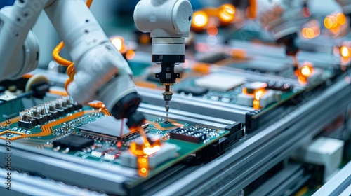 The picture shows a close-up of a circuit board being assembled by a robotic arm in a factory.