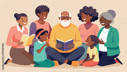 A group of elders share stories and wisdom with younger generations at a Juneteenth spiritual gathering emphasizing the importance of remembering and. Vector illustration