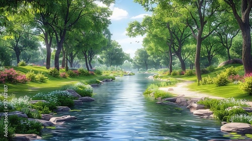 Idyllic Park Landscape with Serene River