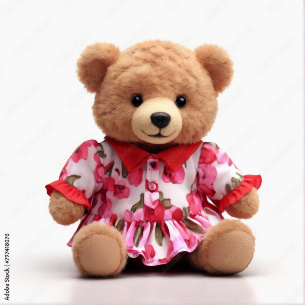 A cute teddy bear toy with dress isolated on white background