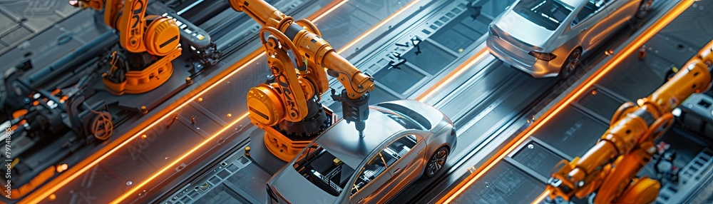 An assembly line of cars being manufactured by robots