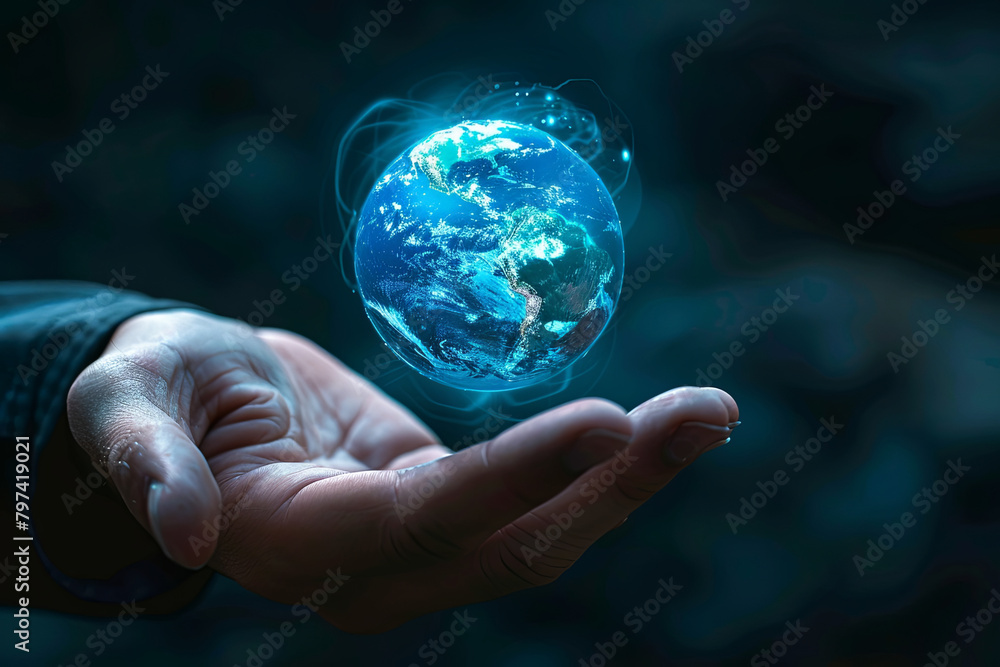 Businessman's hand grasping a glowing blue holographic representation of the Earth, set against a dark background with ample copy space Businessman's hand grasping a glowing blue holographic representation of the Earth, set against a dark background with ample copy space