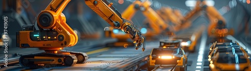 An orange robotic arm on a car assembly line welds a car door. photo