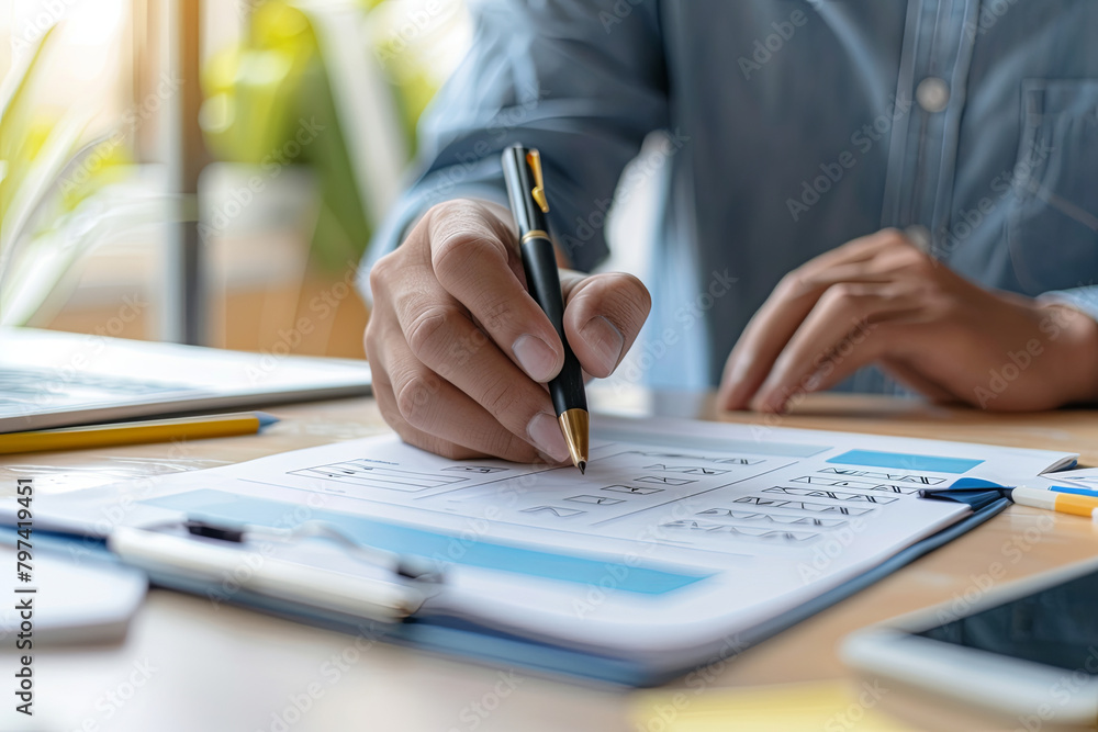 Fototapeta premium An individual marking items as completed on a dynamic checklist, visually representing the concept of organization and progress
