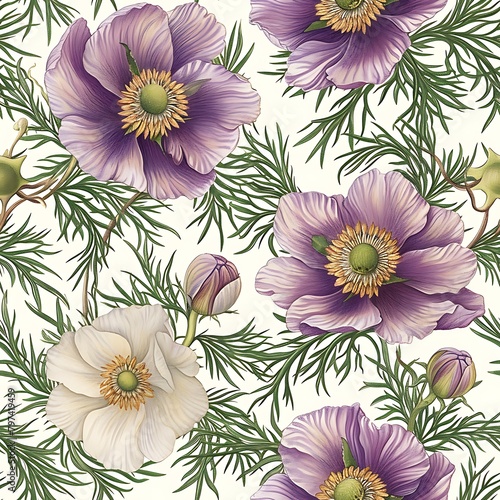 Seamless pattern with white anemone flowers