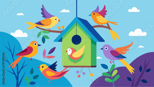 A group of colorful birds flock around a newly hung birdhouse eagerly exploring their potential new home.