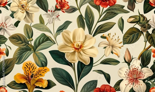 Seamless pattern background featuring a collection of vintage botanical illustrations with flowers and leaves in muted colors  Generative AI