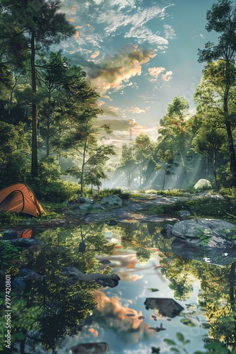 Paint a dreamy forest clearing with a tent reflecting a distorted sky  merging reality and fantasy through dynamic CGI techniques