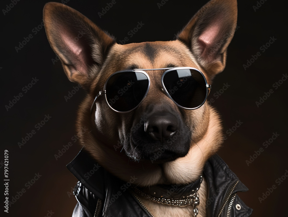 Cool Fluffy Dog German Shepherd Breed In Stylish Lather Jacket And Sunglasses