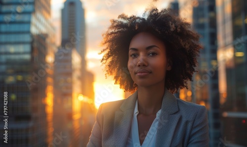 Happy wealthy rich successful black businesswoman standing in big city modern skyscrapers street on sunset thinking of successful vision, dreaming of new investment, Generative AI