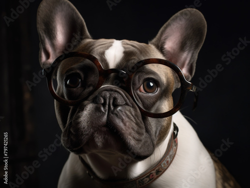 Adorable Black Dog Pug Breed In Glasses Looking Into Camera © tan4ikk