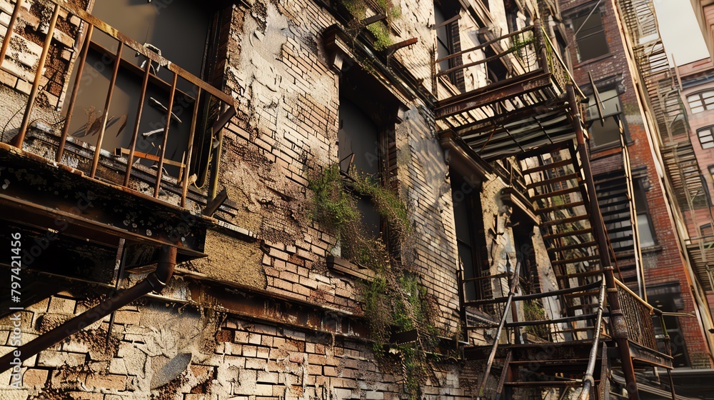 A photo of the exterior of an abandoned building with a fire escape.