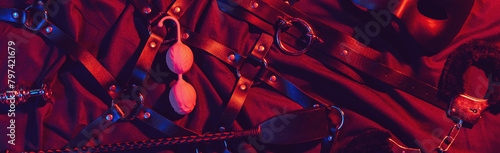 set of BDSM sex toys with handcuffs, whip flogger, butt anal plug for submission and domination on a red background. Wide header cover for a horizontal banner for sex shop photo