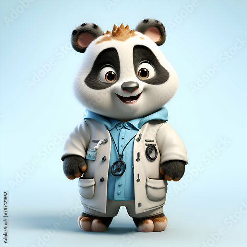 3D Render of a Panda doctor cartoon character with stethoscope