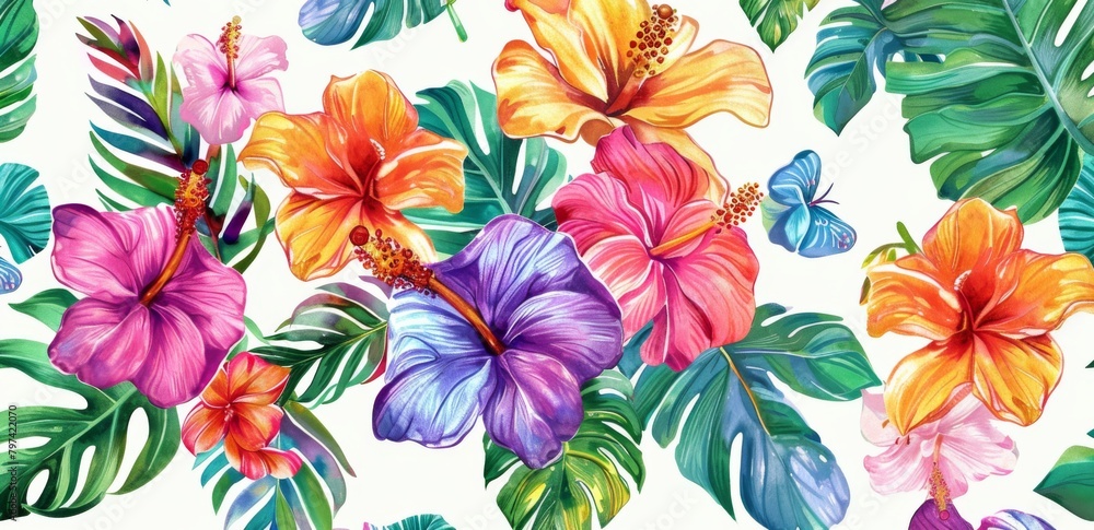 watercolor beautiful tropical flowers pattern