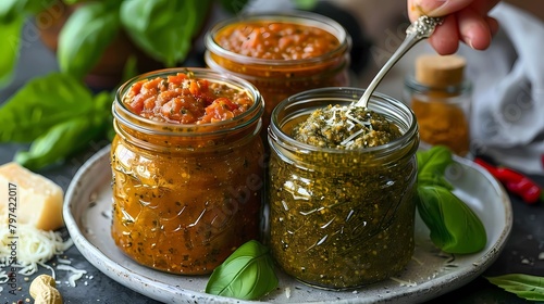 Homemade pesto sauce with tomatoes, basil and parmesan, Generative AI illustrations.