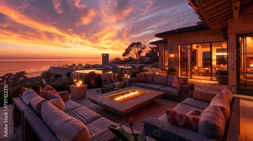 Beautiful sunset over the sea in a luxury villa on the beach, Generative AI illustrations.