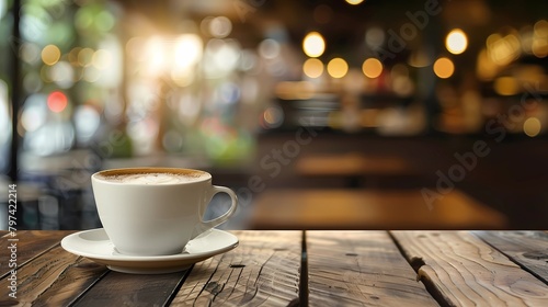 Coffee cup on wooden table in coffee shop blur background with bokeh image  Generative AI illustrations.