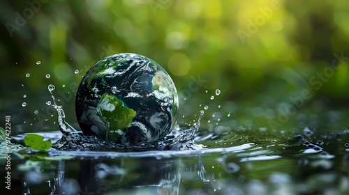 Earth planet in water with splash and green bokeh background, Generative AI illustrations.