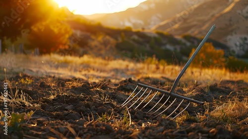 Rake in the field at sunrise, Gardening and agriculture concept, Generative AI illustrations.