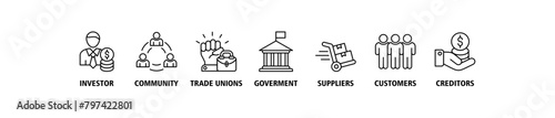 Stakeholder relationship banner web icon set vector illustration concept for stakeholder, investor, government, and creditors with icon of community, trade unions, suppliers, and customers