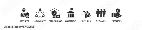 Stakeholder relationship banner web icon set vector illustration concept for stakeholder, investor, government, and creditors with icon of community, trade unions, suppliers, and customers