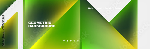 A colorful geometric background featuring green and yellow triangles resembling a pattern of terrestrial plants, grass, tints, and shades on a white backdrop