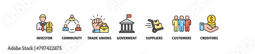 Stakeholder relationship banner web icon set vector illustration concept for stakeholder, investor, government, and creditors with icon of community, trade unions, suppliers, and customers