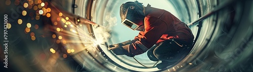 A welder works on a large metal pipe. Industrial 4.0 Digital Visualization: Heavy Industry Welder Working, Welding Inside Pipe. Construction of NLG Natural Gas and Fuels Transport Pipeline. Clean