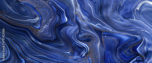 Dynamic cobalt marble ink swirls dynamically amidst a captivating abstract environment, glinting with subtle glitters.